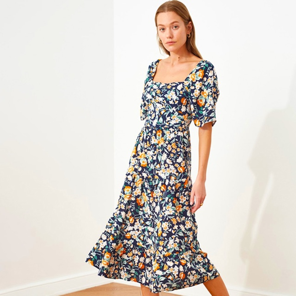 Puff Sleeve Babydoll Floral Print Balloon Sleeve Dress